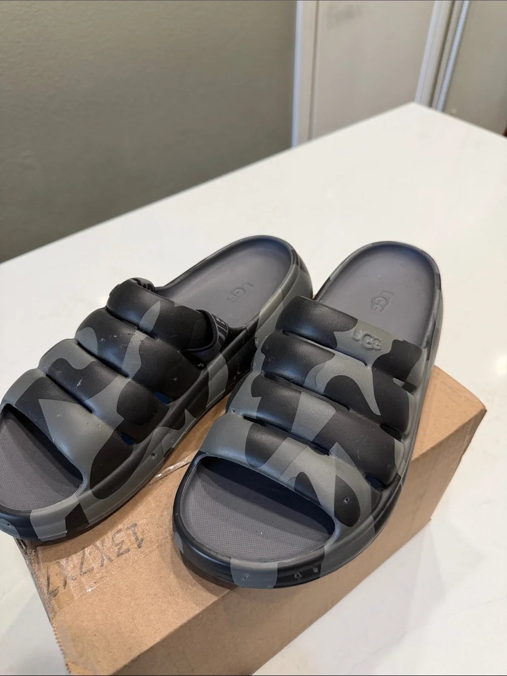UGG men’s Gray and Black Camouflage Slide Sandals